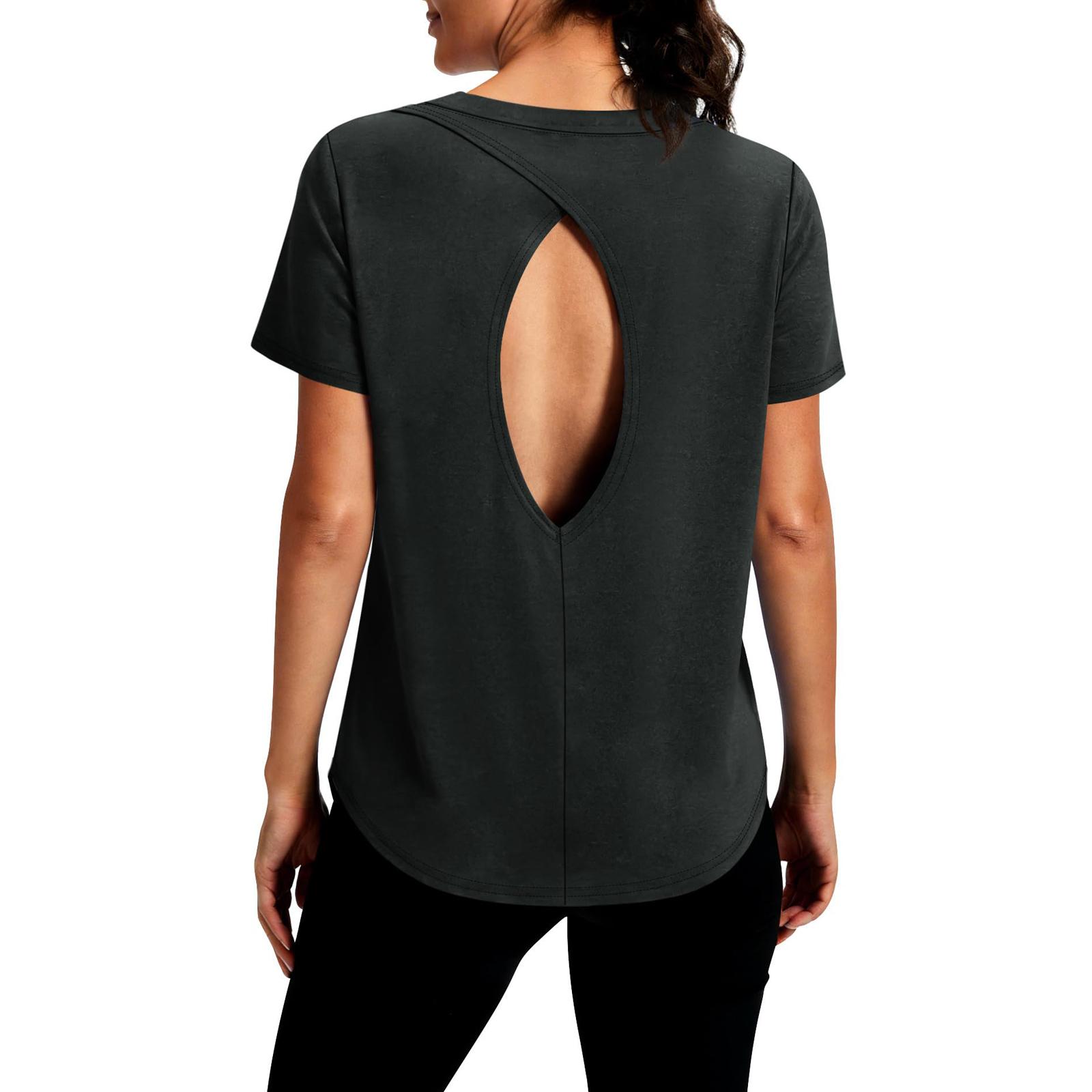 

Women s Casual Backless Fitness Top Short-Sleeve Round Neck Pullover T-Shirt XL чёрный