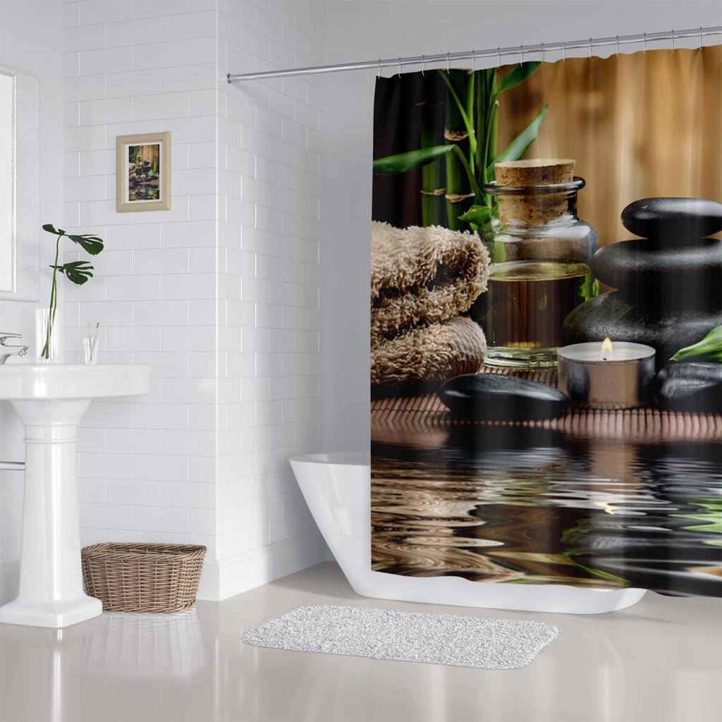 Zen Spa Shower Curtain Basalt Stones Herbal Oil Scent Candles Bamboo And Water Reflection Relaxing Meditation Home Dcor Waterpr