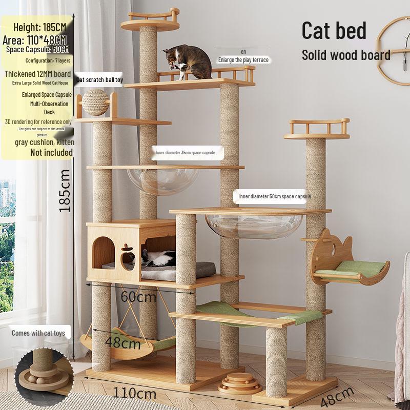 Large Solid Wood Cat Tree with Space Capsule, Plus Size Scratching Post & Board, Floor-to-Ceiling Multi-Season Toy, Wear-Resistant.