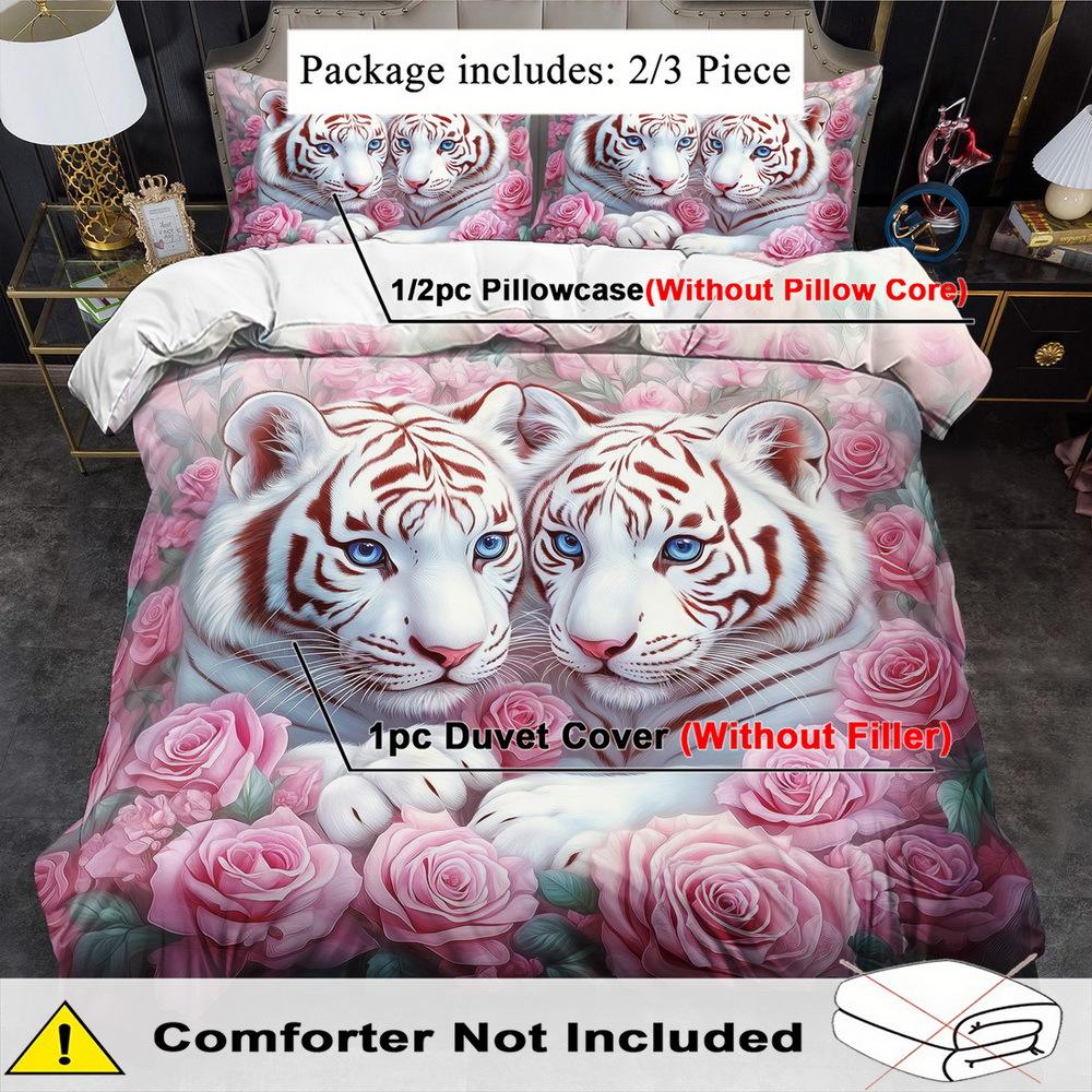 Kaijit White Tiger Theme Duvet Cover Set - 2/3Pcs, Soft, Comfortable And Breathable, Animal Flower Pattern Print Bedding Set