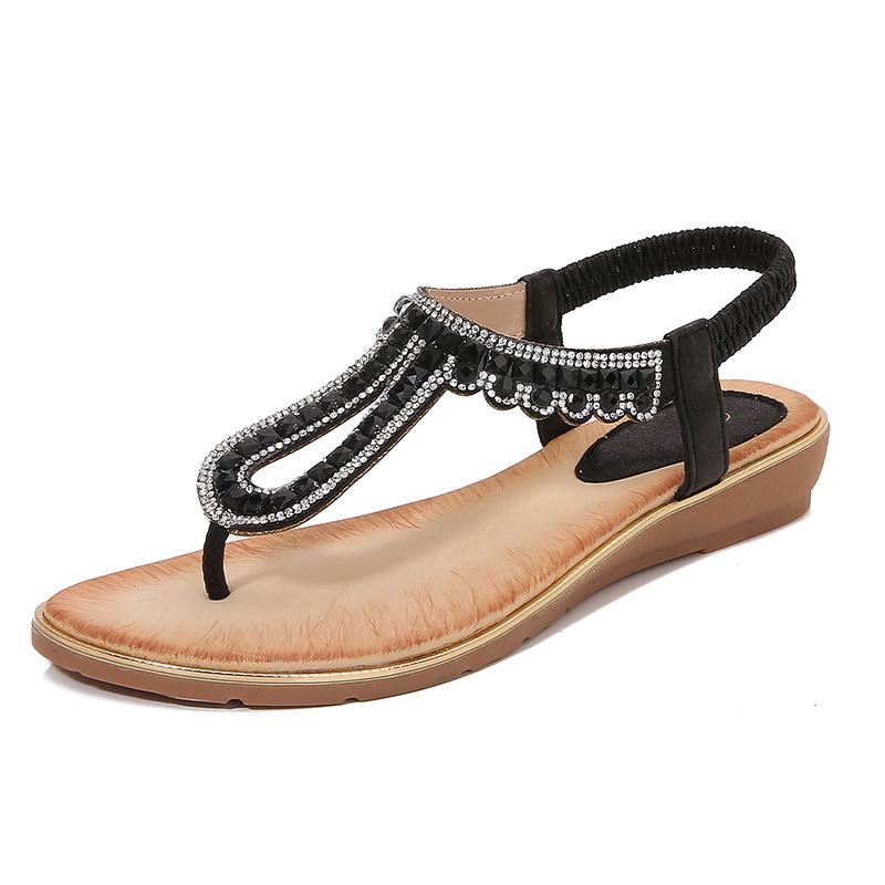 2024 rhinestone sandals round head flat heel hollowed out bohemian comfortable women's shoes summer