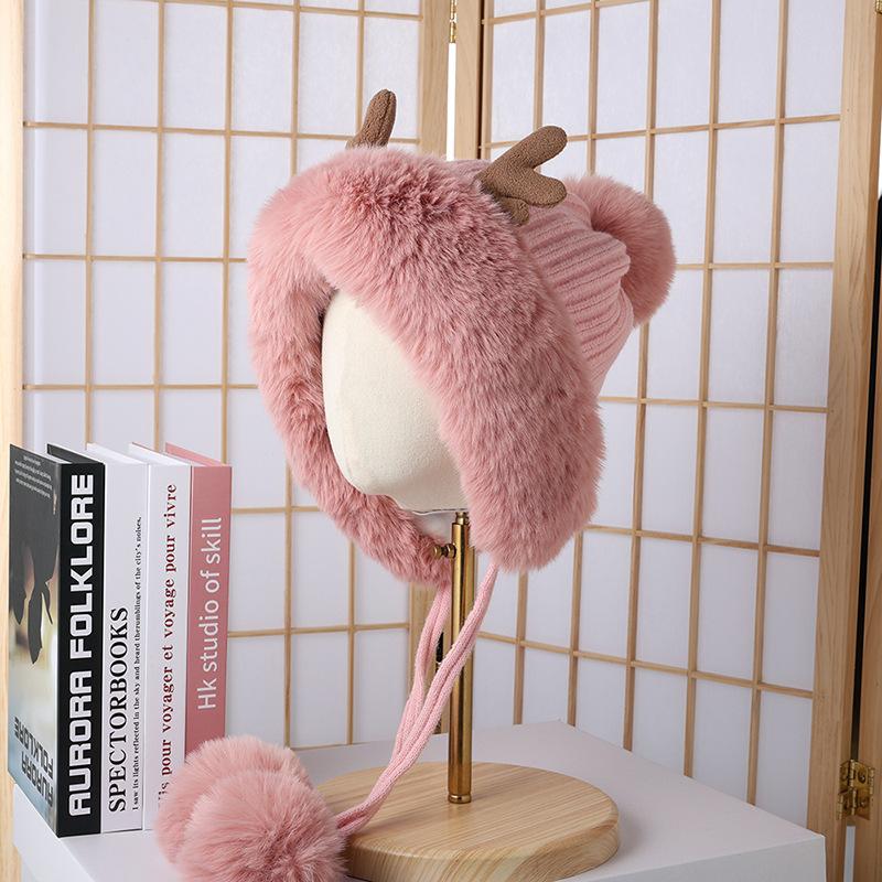 Winter Hat Female Cute Antlers Hairball Ear Protectors Plush Hat Christmas Thickened Northeast Lei Feng Hat Cycling Hat
