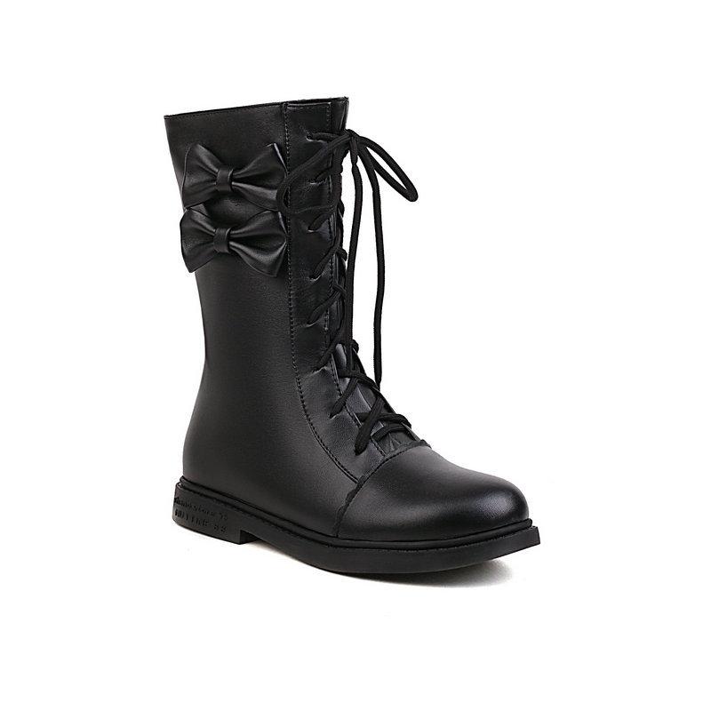 

Новые женские короткие ботинки корейской версии, средние ботинки с бантом, ботинки Martin, ботинки для детей постарше, ботинки Martin со шнуровкой спереди 34 чёрный