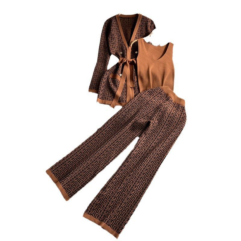 Chic Women's V-neck Cardigan & High-waisted Wide-leg Pants Set