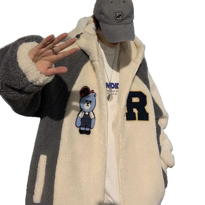 Men's Winter Lambswool Hooded Jacket: Loose, Plush, Trendy Korean Style for Couples.