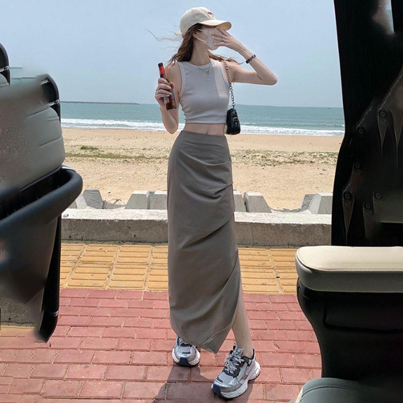 

Fashion High Waist Work Clothes Skirt Women s 2023 Summer New Arrival Silm Slimming Slit Sexy Ruffle Hip Skirt Grey coffee (one yard larger) S