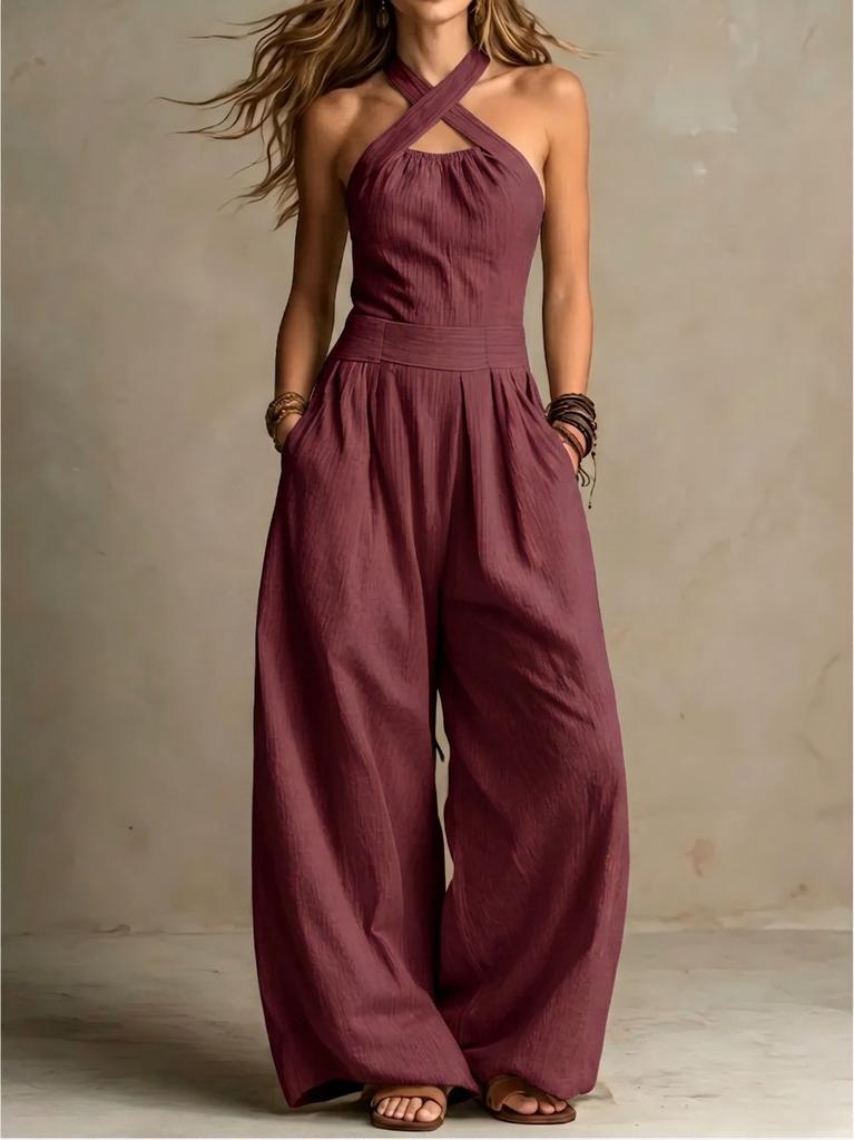 2026 summer new neck cross jumpsuit, European and American style waist back wide-leg pants, cross-border women's clothing