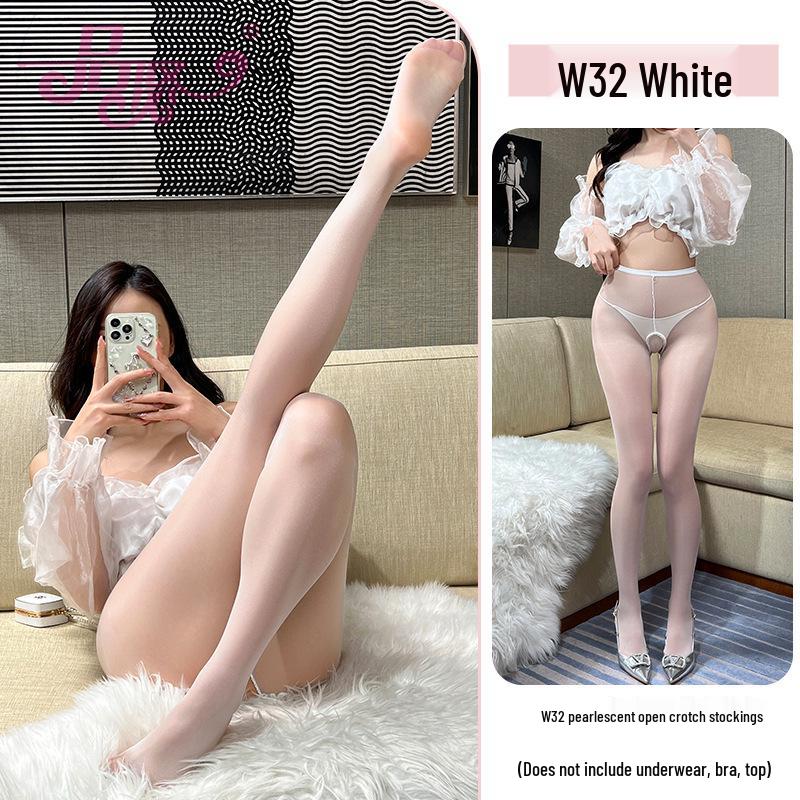 Thin Fairy Open Crotch Shimmery Pantyhose for Women - Summer Invisible Stockings In Black, Grey, Nude with Pearl Detail.