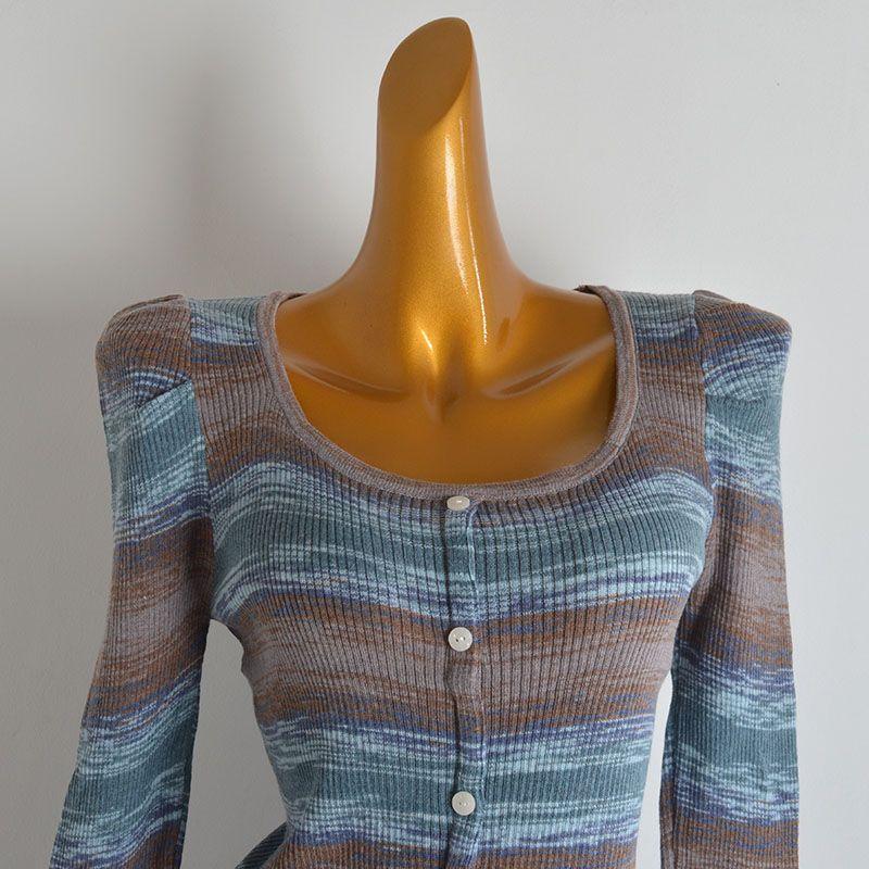 Autumn and Winter New Contrast Color Stripe Square Collar Pullover Knit Women clothes Women clothes Slim fit Slimming Bottoming Shirt Long sleeve Top