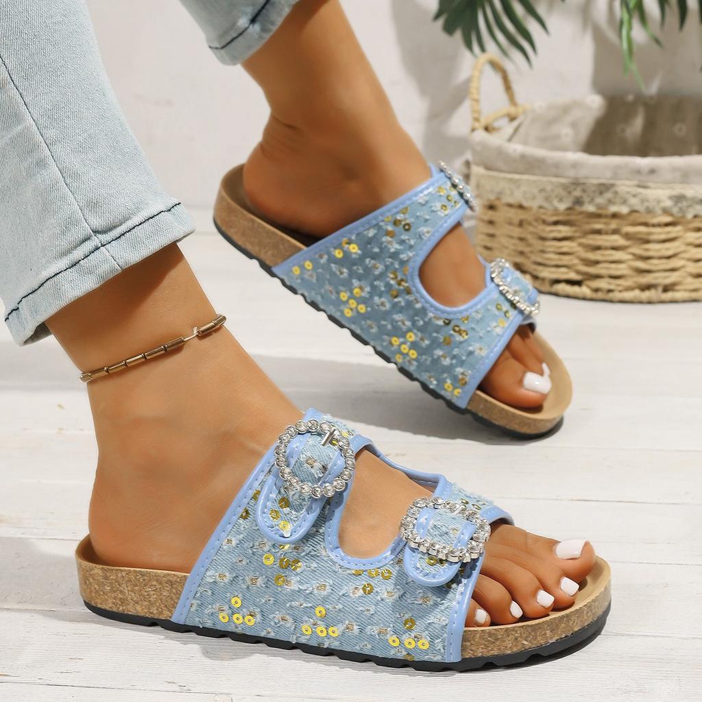 Fashion Women Slippers 2025 Summer Beach Cork Slippers Casual Non-slip Sandals Clogs Slides Women Slip on Double Buckle Shoes Women