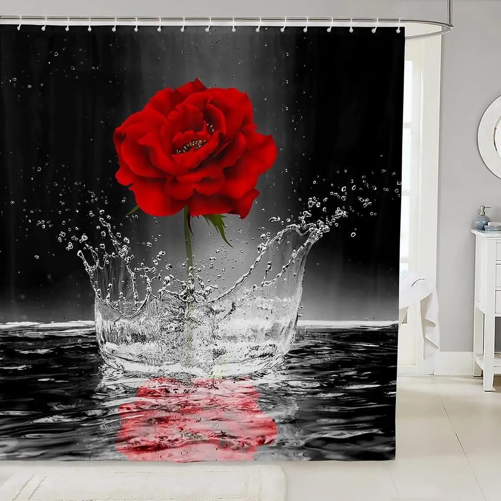 Rose Shower Curtain for Girls Couple Valentines Day Gift Romantic Floral Bath Curtain Botanical Flower Nature Bathroom Curtain