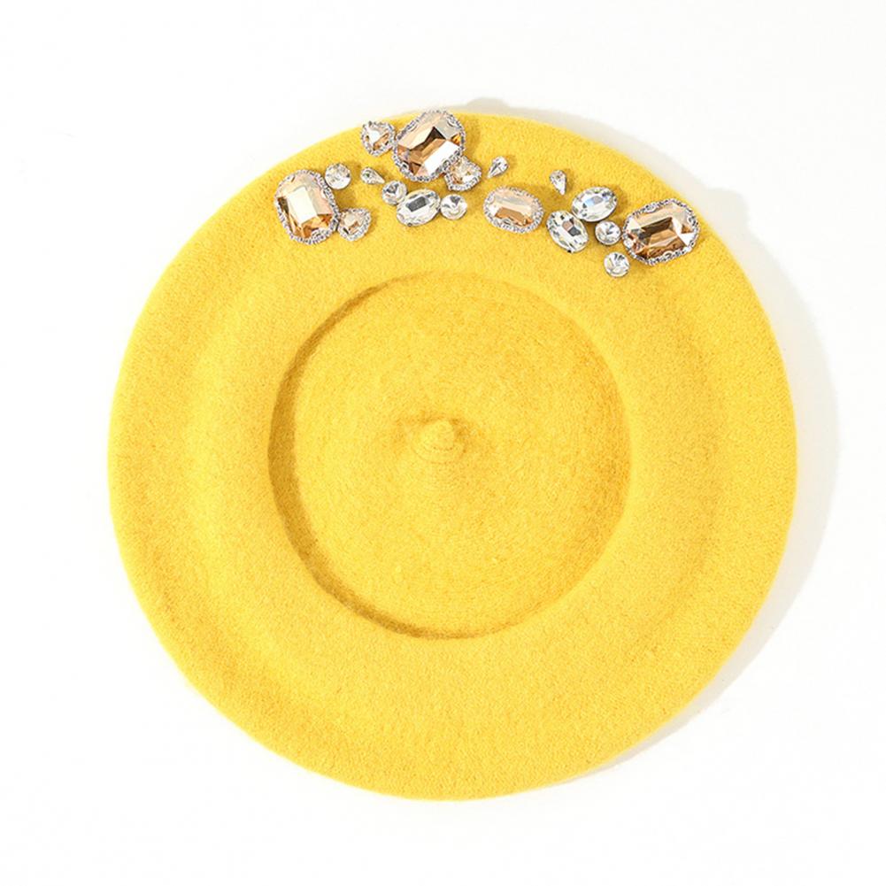 

Pumpkin Hat Beret Female Four Seasons Korean Autumn and Winter Woolen Beret Warm Fashion Painter Hat with Rhinestones Hat Female One size
