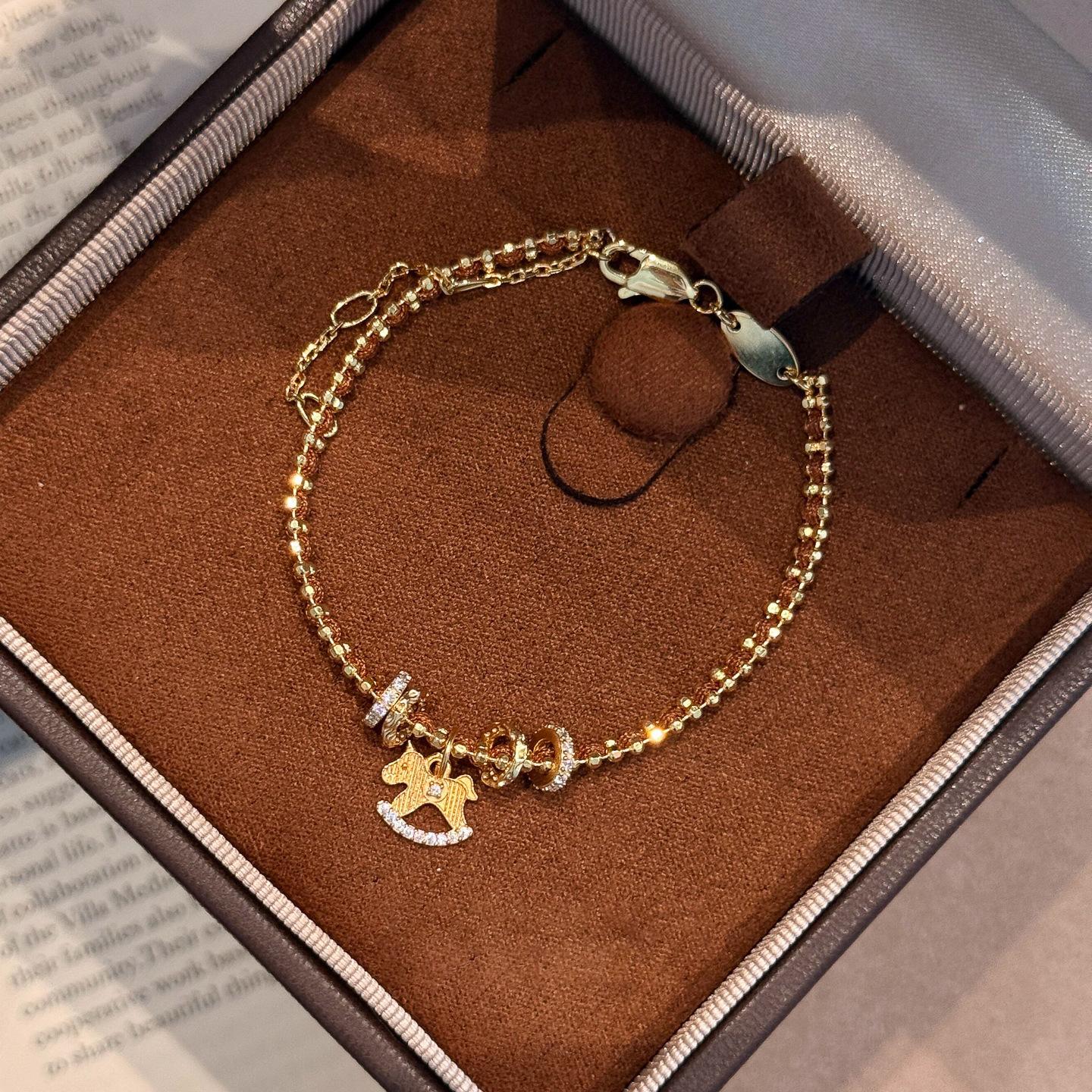 Горячая Распродажа Маленький Деревянный Конь Подвеска Браслет Конь Молодой Роскошь Мода Изысканный Многослойный Коричневый Плетеный Шнур золотой