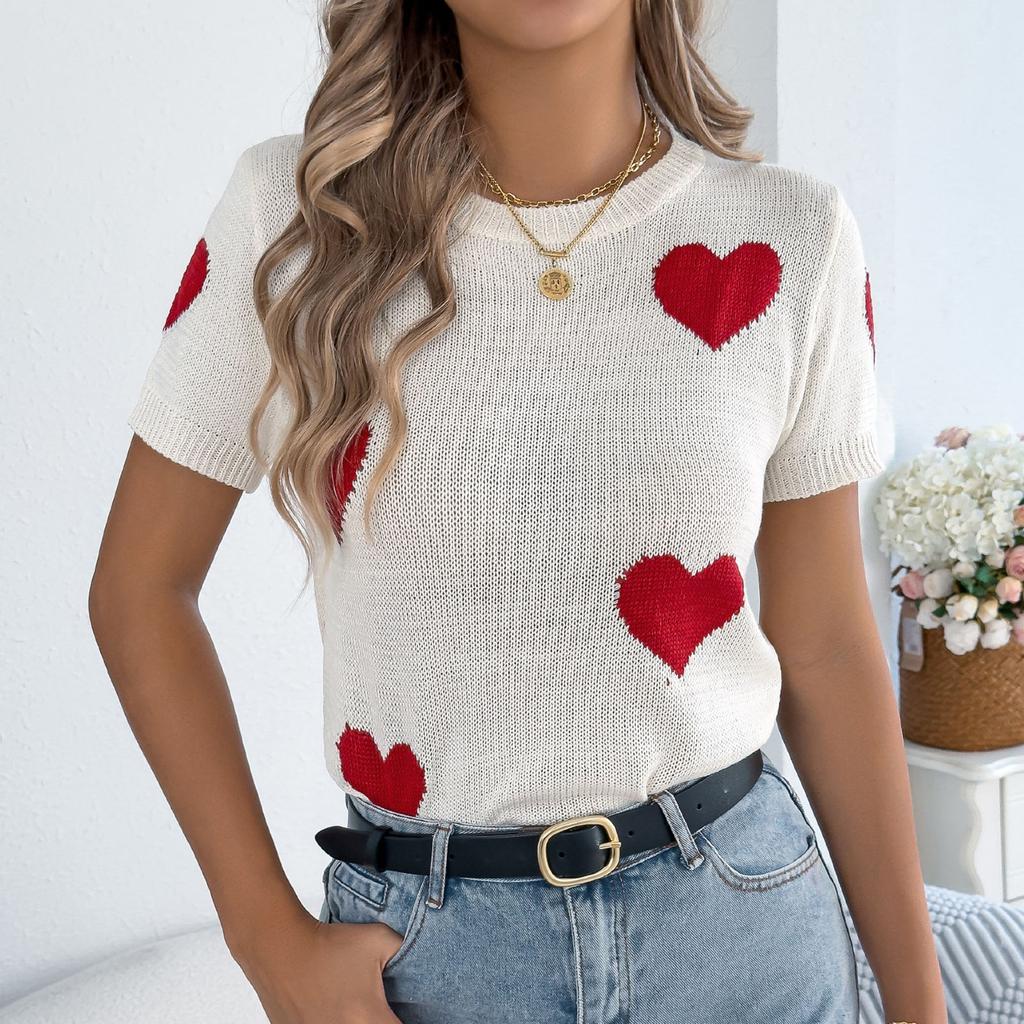 Women's Casual Fashion Contrasting Short Sleeved Knitted Shirt Top Knitted Shirt Top