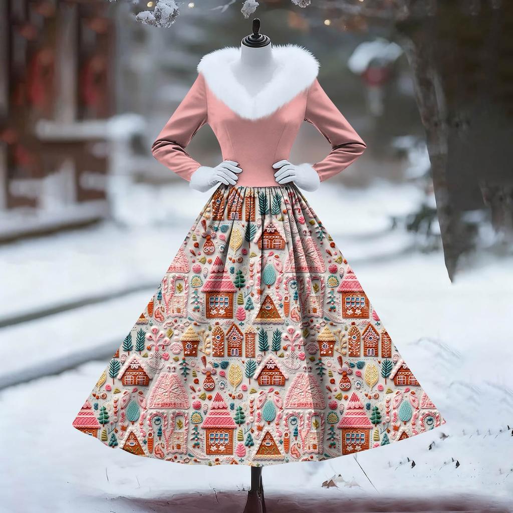 Women's Casual Dress Long-Sleeve V-Neck Patchwork Fleece Christmas Print Dress