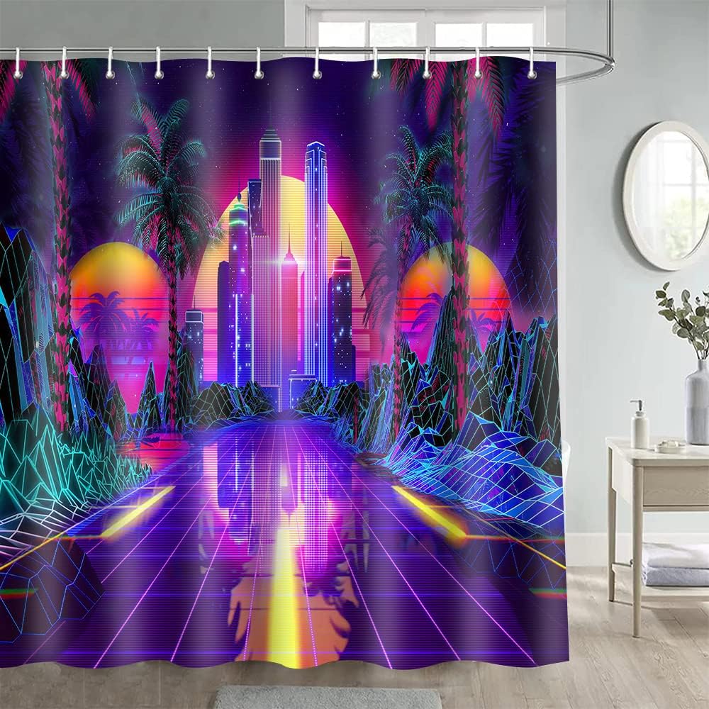 

Punk Shower Curtain Retro 80 s Party Sci-Fi Neon Tropical Coconut Tree Colorful Abstract Bathroom Decoration Accessories Curtain W90xH180cm