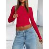 Women's New Solid Colour Slim Round Neck Short Long-sleeved Blouse