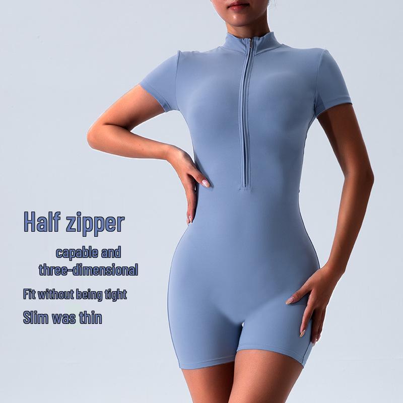 High-End Summer Yoga & Running Set: Zipper Collar, Quick-Dry, Short Sleeve Top for Women