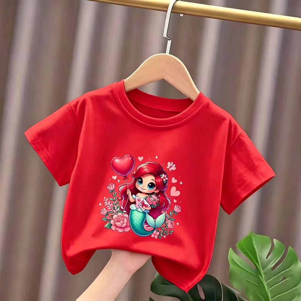 Summer Girls ShortSleeved Cartoon Mermaid Print Pure Cotton Breathable Girls Casual TShirt 2026 New Style Summer Clothing