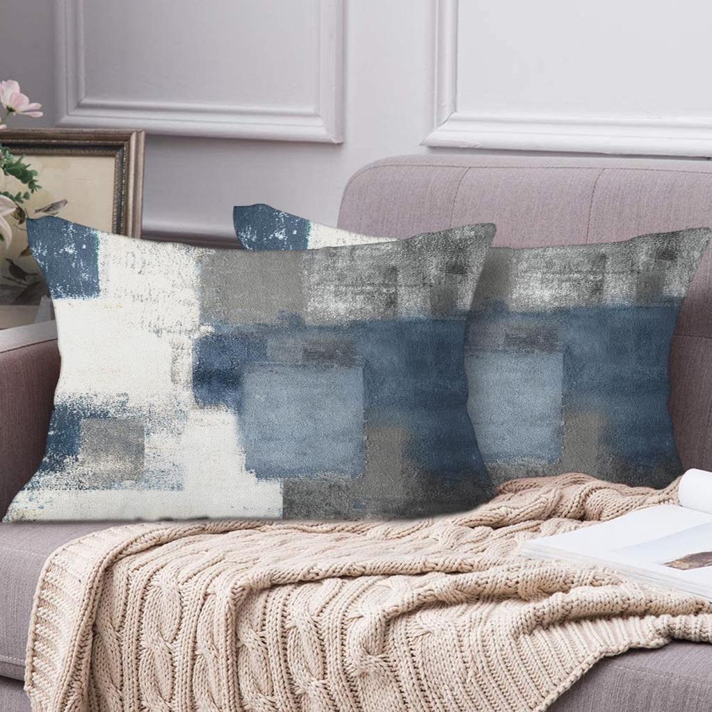2PC Lumbar Decor Throw Pillow Covers Blue and Grey Cushions Rectangle Design Abstract Art Painting Style Modern Contemporary Home Decorative Cushion