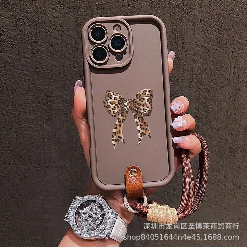 Leopard Print Bow Lanyard Is Suitable for Apple 16 Mobile Phone Case 15PRO All-inclusive 14 Matte 11 Anti-drop 13 Protective Case 7.