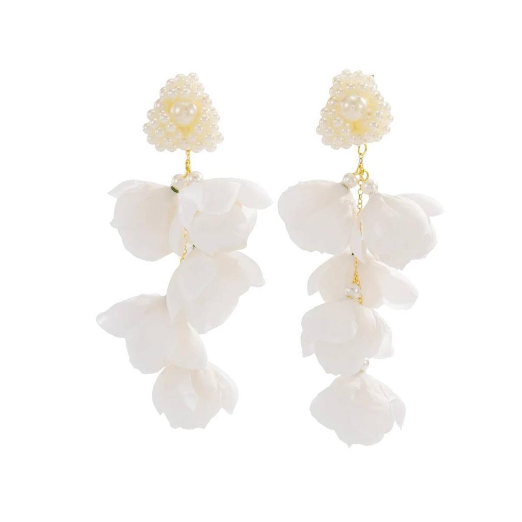 KunJoe Romantic Pure White Flower Long Pendant Earrings for Women Bridal Elegant Imitation Pearl Drop Earrings Wedding Jewelry