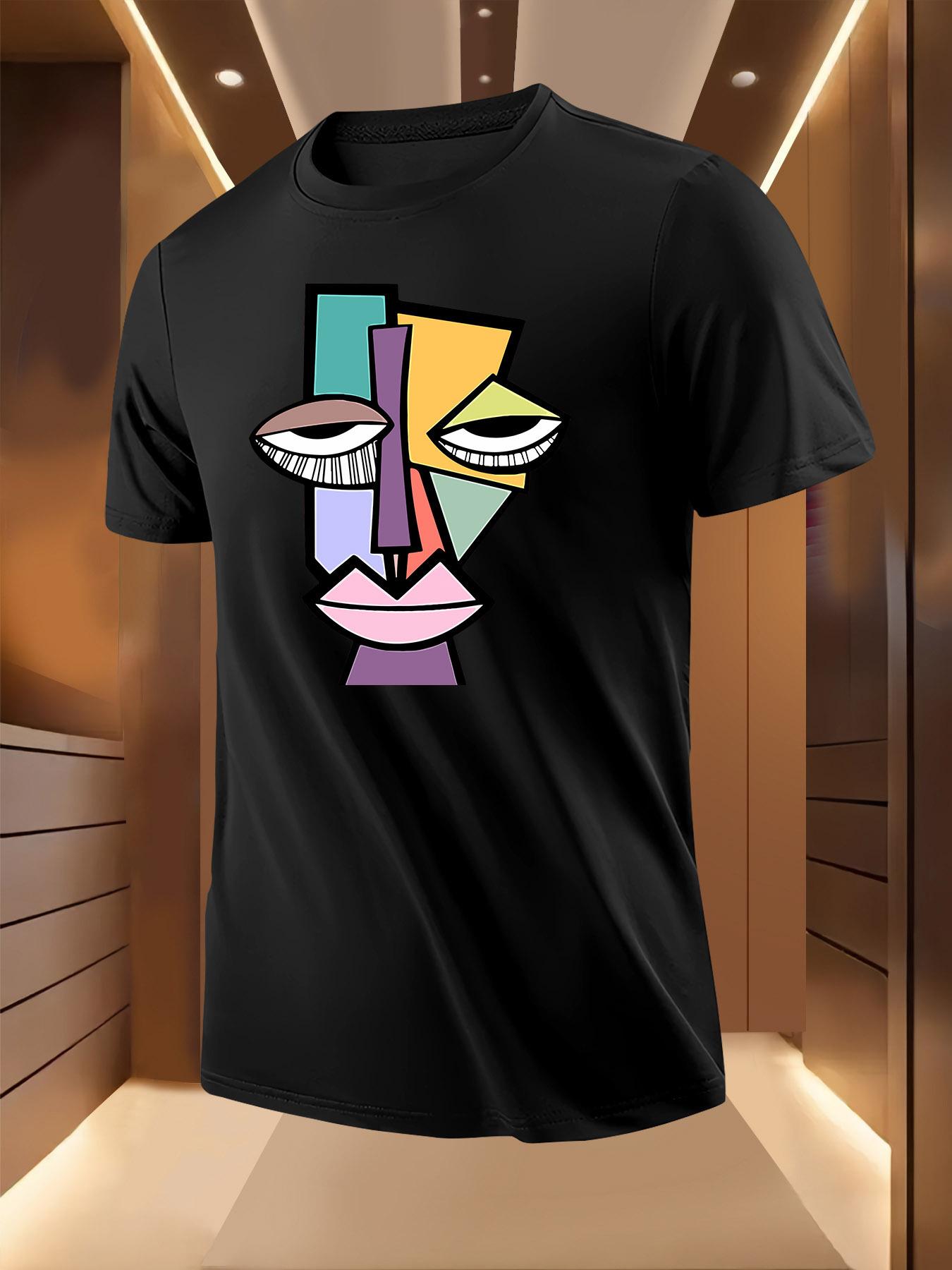 Summer Tshirt with Bold Abstract Face Print - Light Yellow XXXL