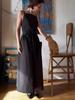 2024 Summer European & American Square Neck Tie Waist Solid Color Pocket Dress