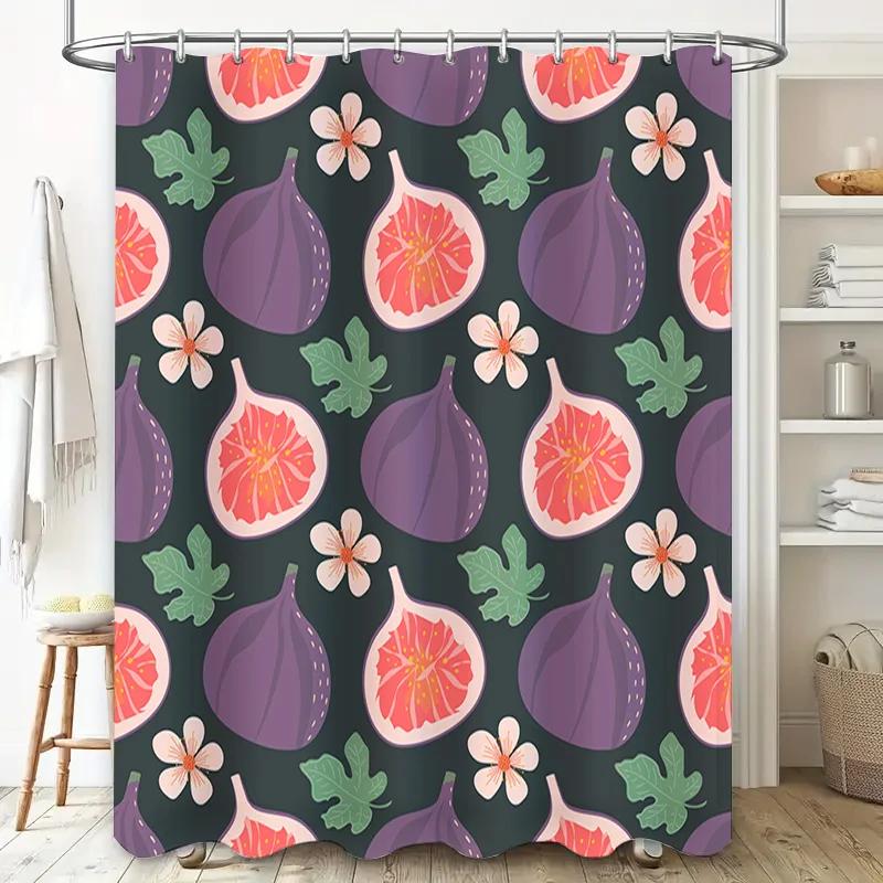 Duschvorhang mit Feigenblattmuster und Feigenfrucht-Blumendesign in Dunkelgrün und Lila für Badezimmer-Dekor