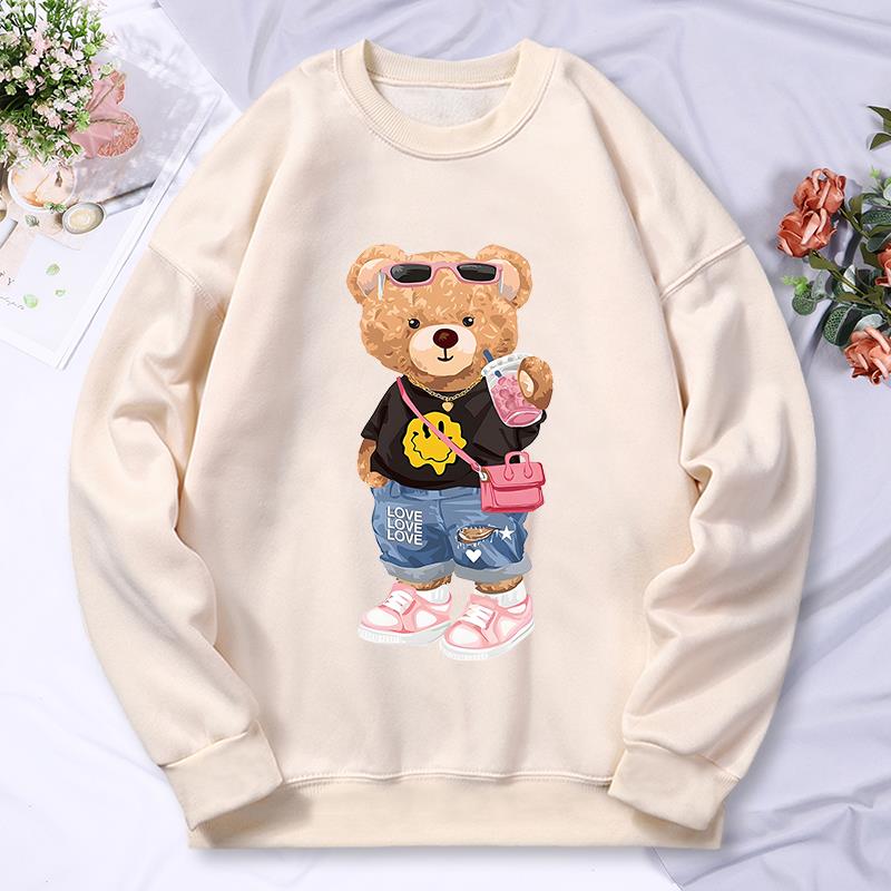 Bärenschwester Milchtee trinken Druck Damen Hoodie Herbst Warmes Sweatshirt Lässige Kapuzenpullover Hip Hop Lockere Pullover Oberteil