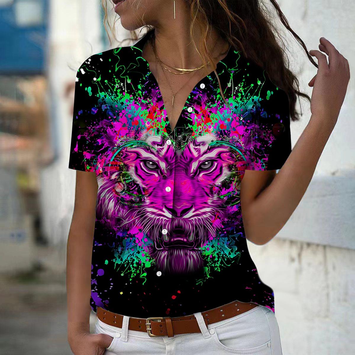 

2025 Лето Новая Мода Женская Рубашка Топ с Коротким Рукавом и V-образным Вырезом на Пуговицах в Повседневном Стиле с Принтом Тигра 8XL чёрный