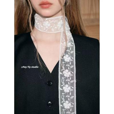 Elegant White Lace French High-end Long Silk Scarf Women's Neck Decoration Small Scarf Multi-functional Tie Hair Streamer