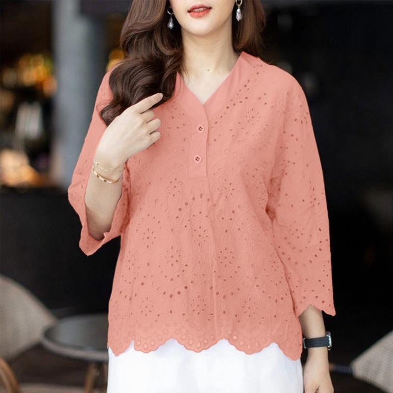 

ZANZEA Женская повседневная блузка с V-образным вырезом, рукавом 3/4, ажурным вязанием крючком и лоскутной отделкой 4XL розовый