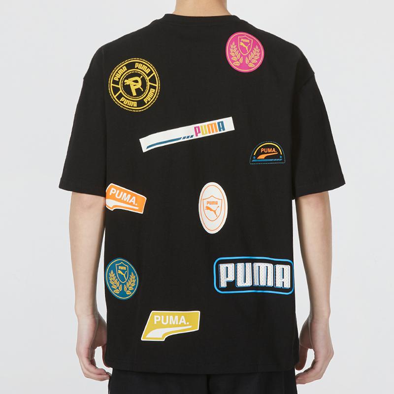 Puma Mix Badge Logo Geometric Pattern Round Neck Short Sleeve T-Shirt Men Tops Black 537795-01