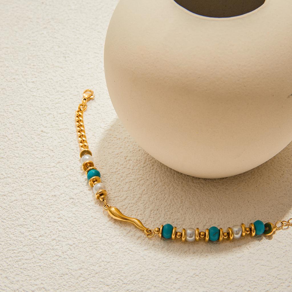 Youthway Retro Feng Shui Teardrop Pendant With Turquoise Bracelet Stainless Steel Gold Color Plated Resin Pearl Women'S Bracelet