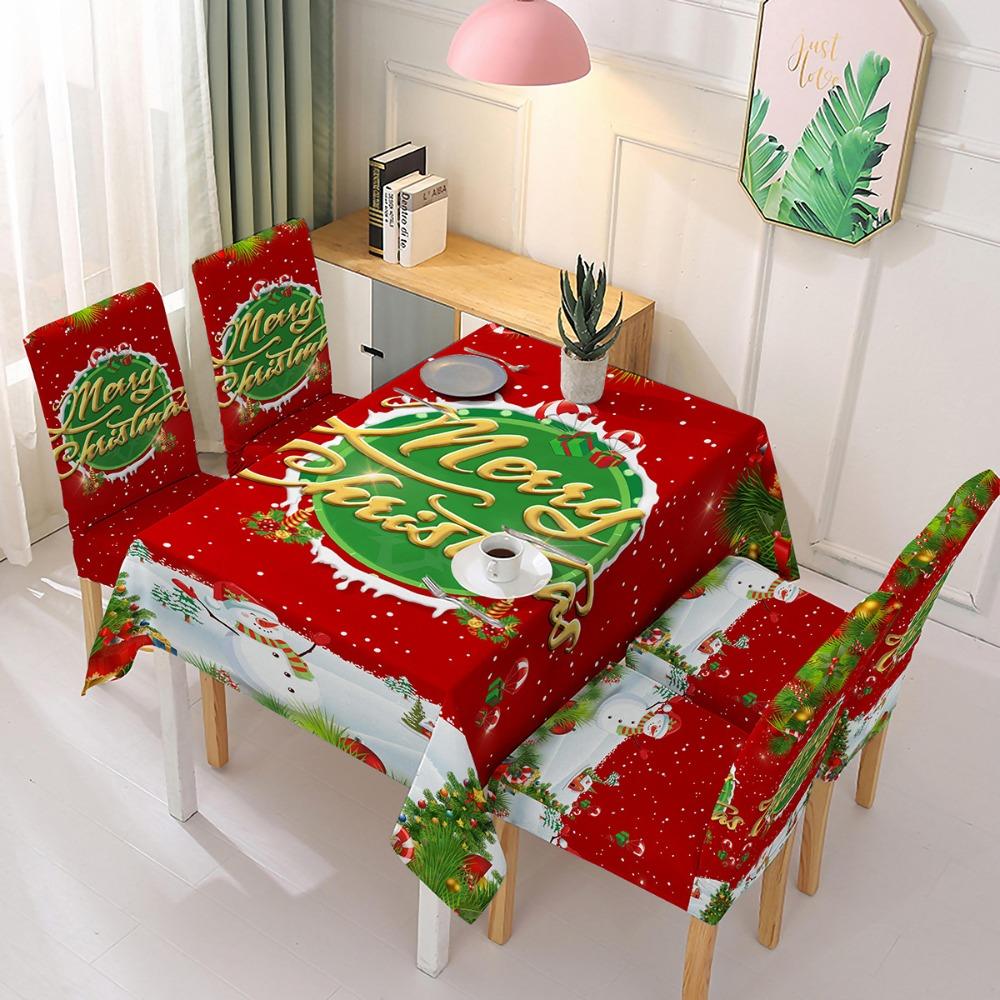 Christmas Polyester Waterproof Tablecloth with Printed Chair Covers Santa Claus Design Festive Decor