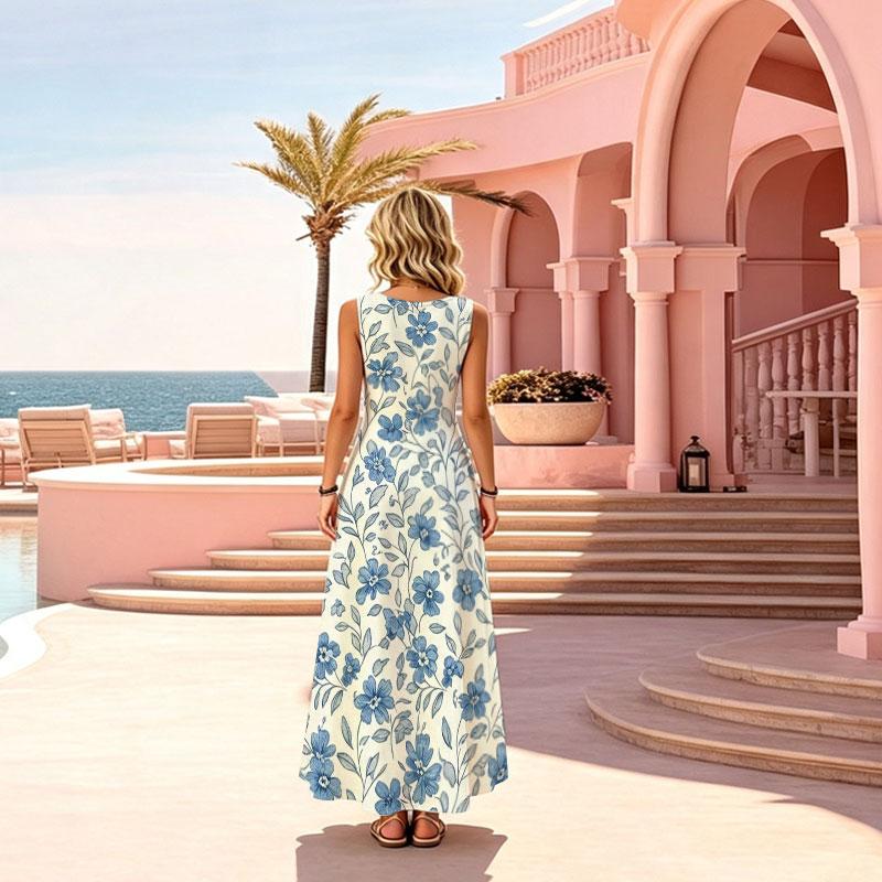 Women Sleeveless Maxi Dress,Summer Casual Floral Collection,Lightweight Flowy,Full Skirt,Beach Vacation,Daily Wear,Fresh Elegant Style