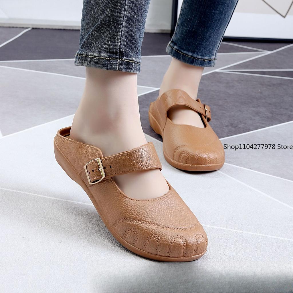 Fashion Women Mules 2025 Summer Elegant Square Closed Toe Flat Slippers Female Shoes Casual Leather Black White Slides Big Size