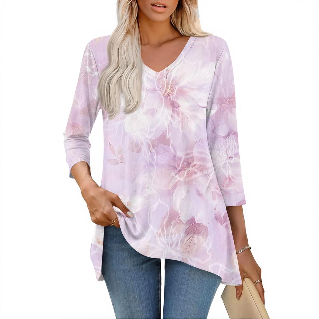 Womens Tops V-neck 3/4 Sleeve Blouses Casual Mid-length Shirts Fashion Print Tunic Tops