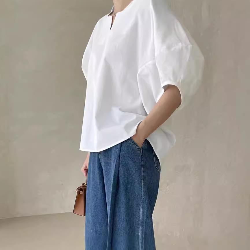 2025 Sommer Damen Koreanisch Chic V-Ausschnitt Locker Einfarbiges Hemd