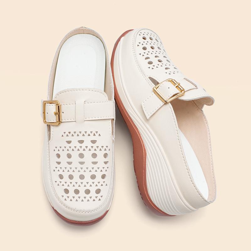 Ladies Clogs Platform Sandals Loafers Casual Elegant Hollow Leather Slippers Women Thick Sole Shake Shoe