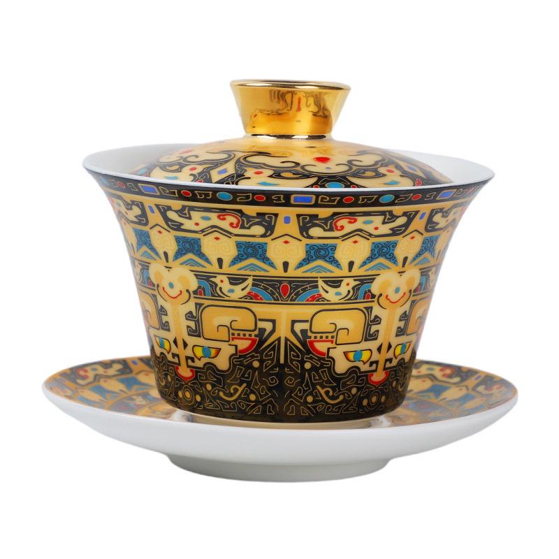 Thangka Jade Sancai Gaiwan Tea Set: High-End Kung Fu Style with Large Hand-Grip Bowl