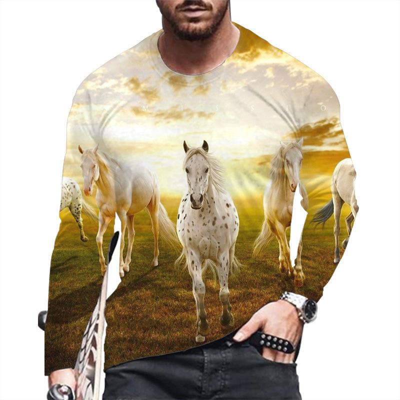 Spring and Autumn Round Neck Horse 3D Printed Top Fashionable Casual Long Sleeved Men's T-shirts