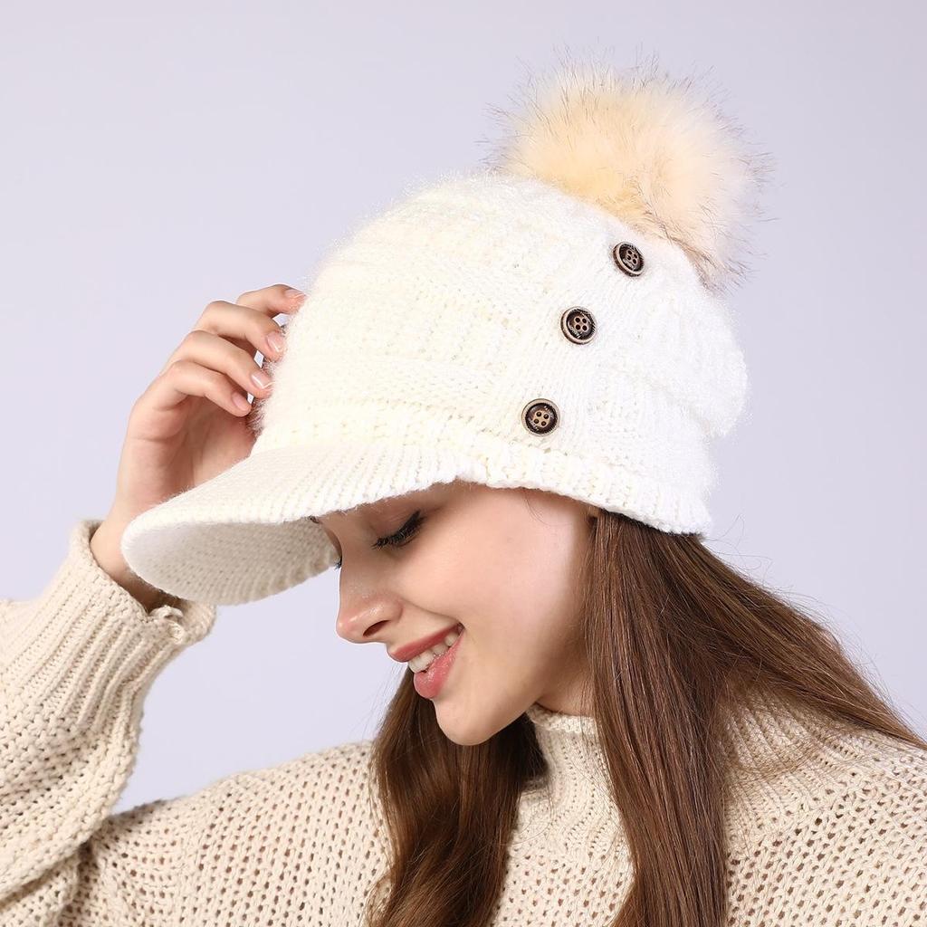 Autumn Winter Women Button Plush Thickened Warm Duck Tongue Big Wool Ball Knitted Wool Hat