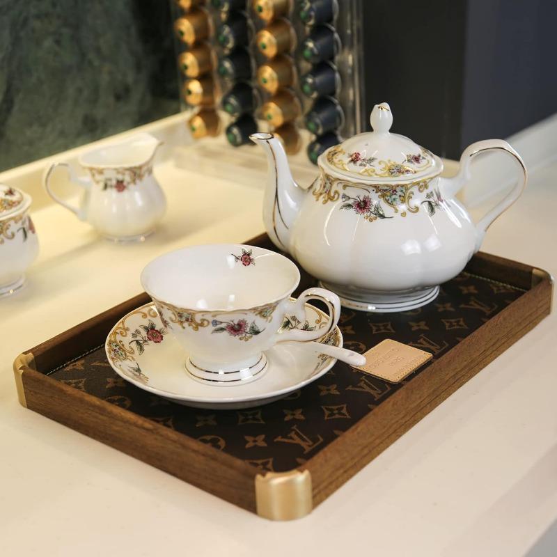 Bone China Tea Cup and Saucer Sets,Porcelain Tea Set with Teapot, Sugar Bowl,Creamer Pitcher,Floral Vintage Tea Cups and Saucers for Party Gift Giving