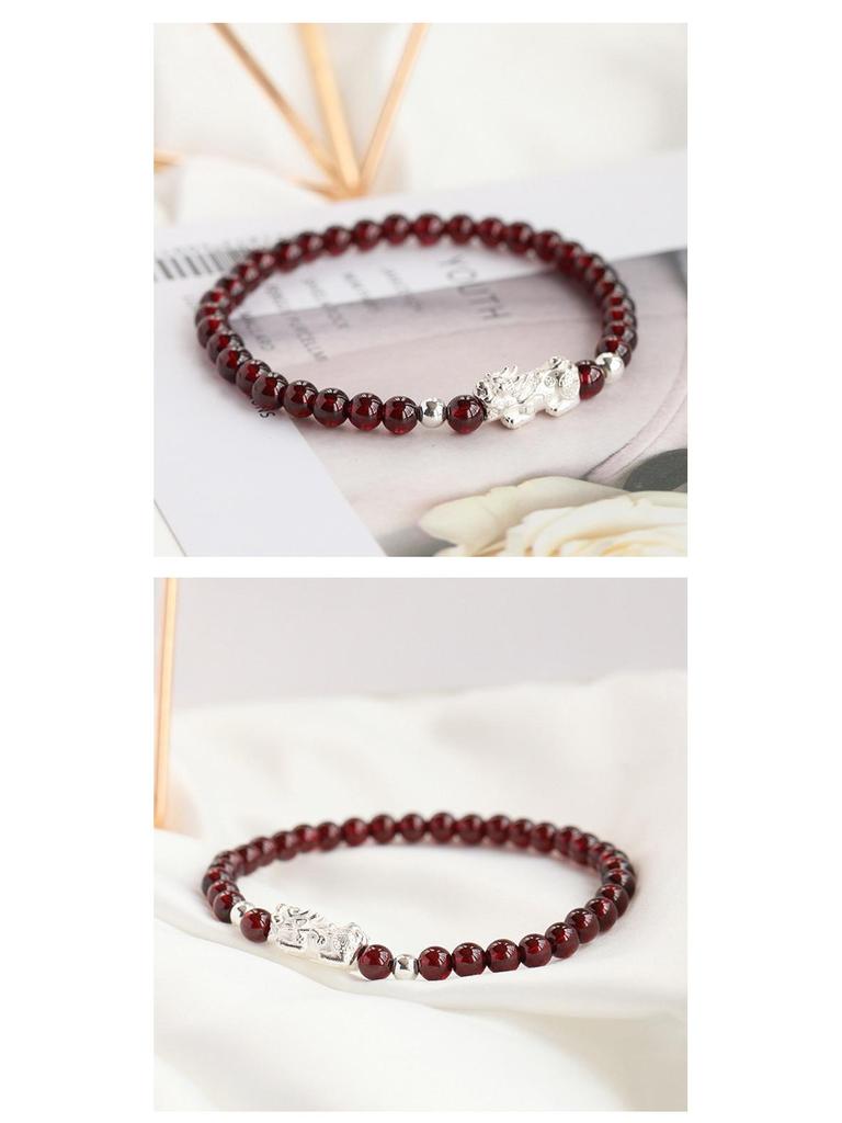 Natural Wine Red Garnet Silver Pixiu Beaded Bracelet for Women