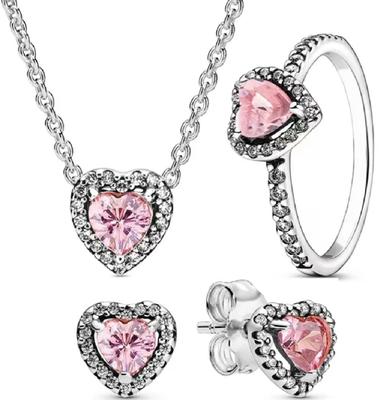 925 Silber Herz Schmuckset Funkelnder Kristall Halskette Ohrringe Ring Luxuriöses Geschenk für Frauen