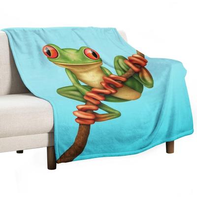 Cute Green Tree Frog On a Branch Throw Blanket Valentine Gift Ideas Fashion Sofas Decorative Beds Halloween Blankets