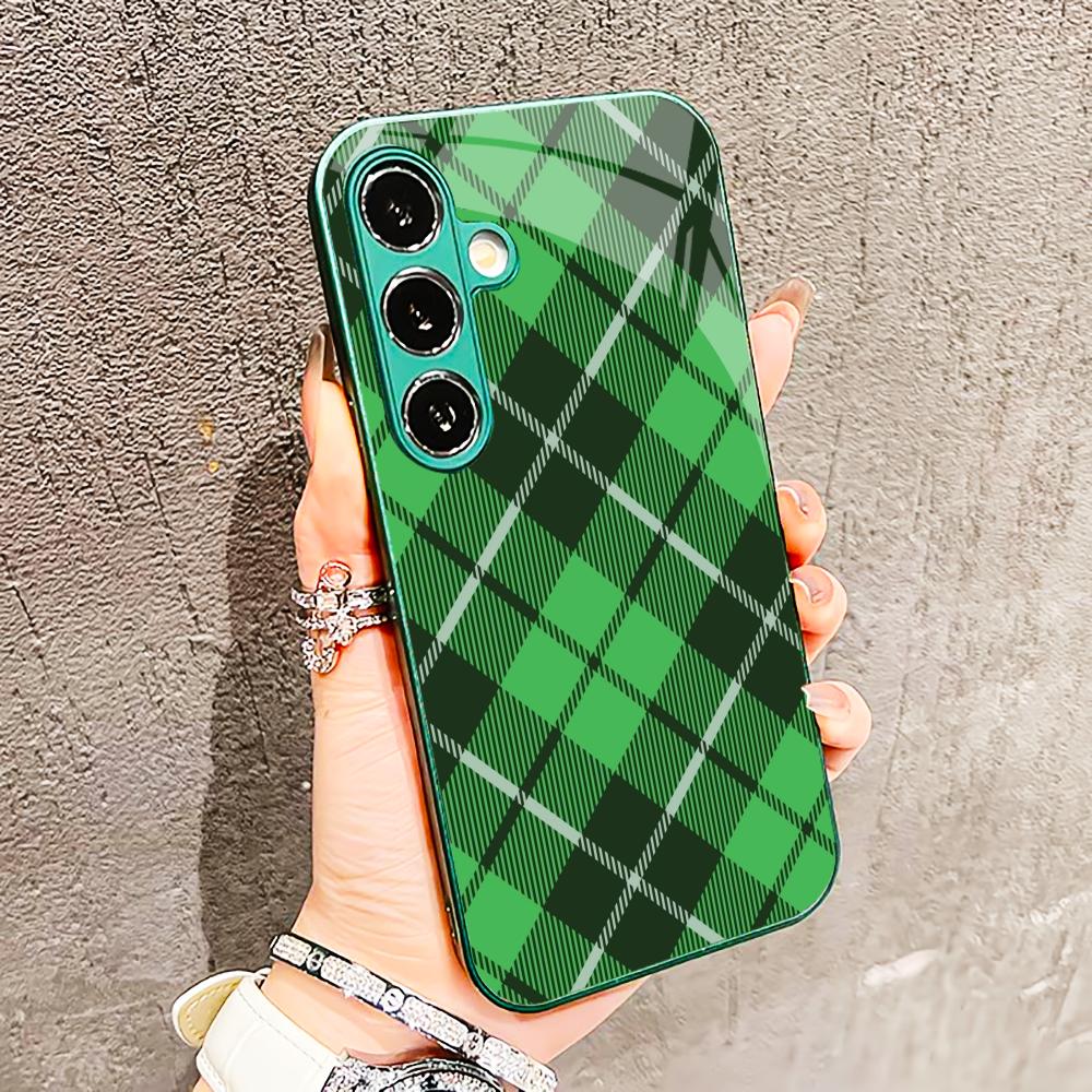 Checkered pattern PhoneCase Glass PhoneCase for Samsung Galaxy S26 S25 S24 S23 S22 FE Ultra Plus Built-in glass green Exquisite