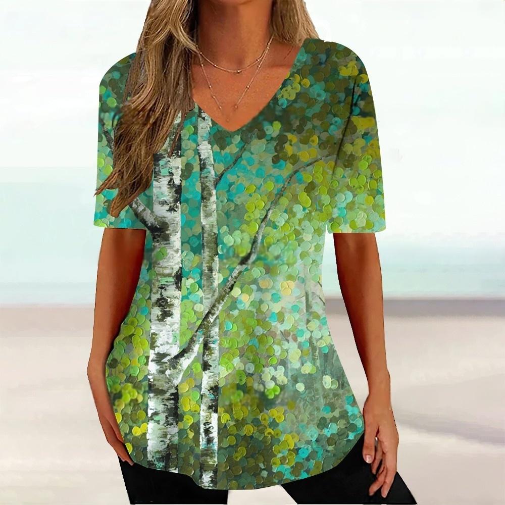 Letni top z dekoltem w serek z nadrukiem 3D w gradientowy wzór Modne codzienne damskie T-shirty z krótkim rękawem